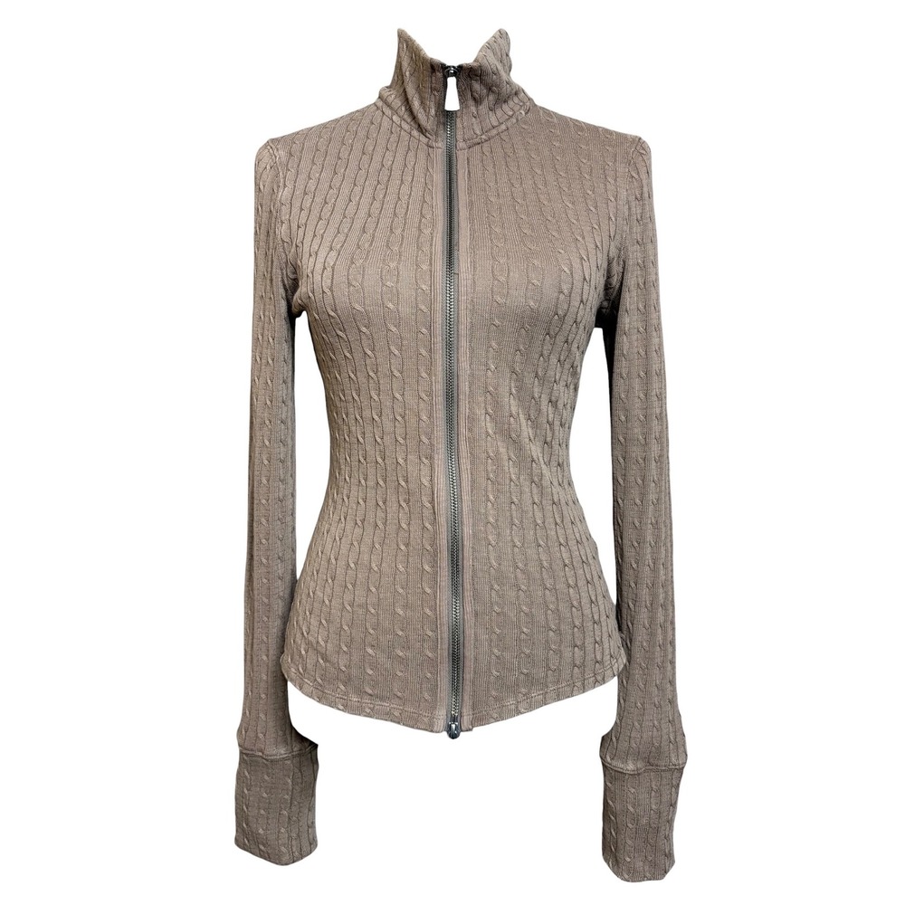 Free People Brunch Girl Cardigan M Cocoa Brown Cable Knit Zip Up Sweater